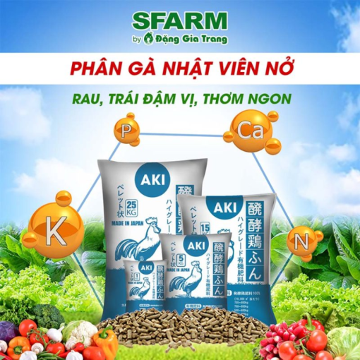 Phân hữu cơ dạng viên nở - Phân gà Nhật Bản AKI SFARM – Giàu hữu cơ, sạch, ít mùi, tăng sức đề kháng cây